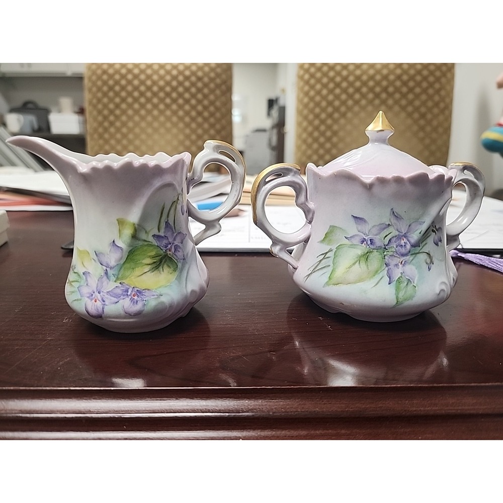 Vintage Italian L. Romano‎ '61 Creamer And Sugar Set Purple Flowers. No Chips